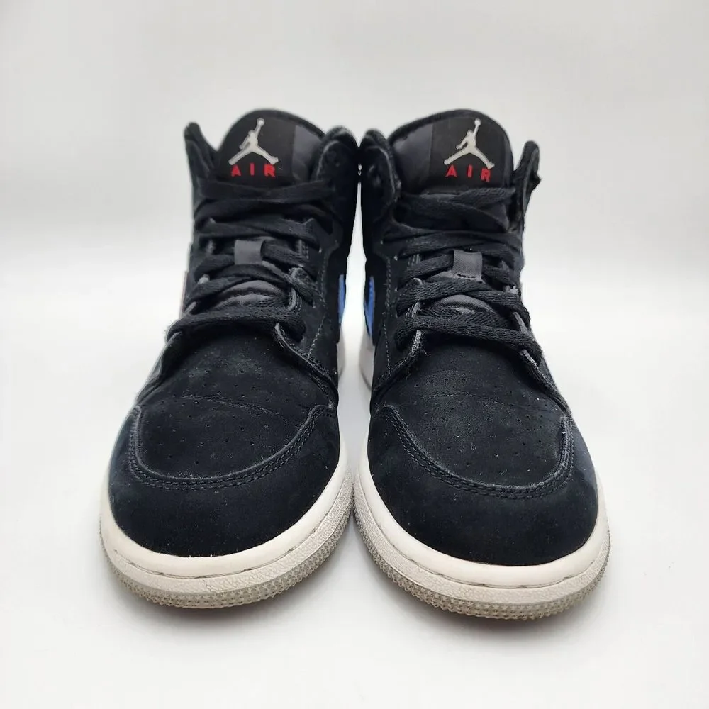 Nike Air Jordan 1‎ Mid, Suede, Black, Size 5Y Red and Blue Swoosh Boys Youth
